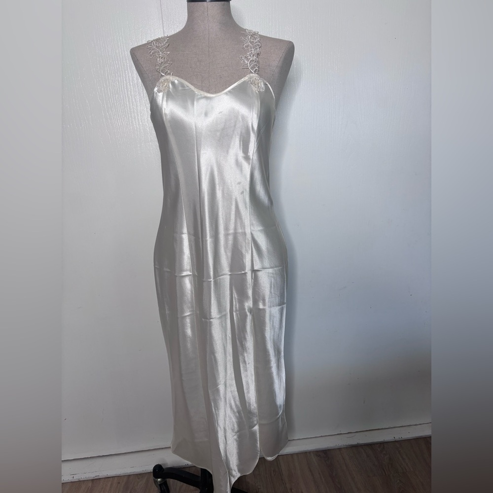 Vtg 90s California Dynasty Ivory Liquid Satin Lace Trim Nightgown Slip Dress